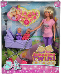 Simba Steffi Love Sunshine Twins - Poupée avec jumeaux et poussette, avec accessoires tels que biberons et jouets, variante assortie à 2 poupées, ensemble de poupées pour enfants à partir de 3 ans
