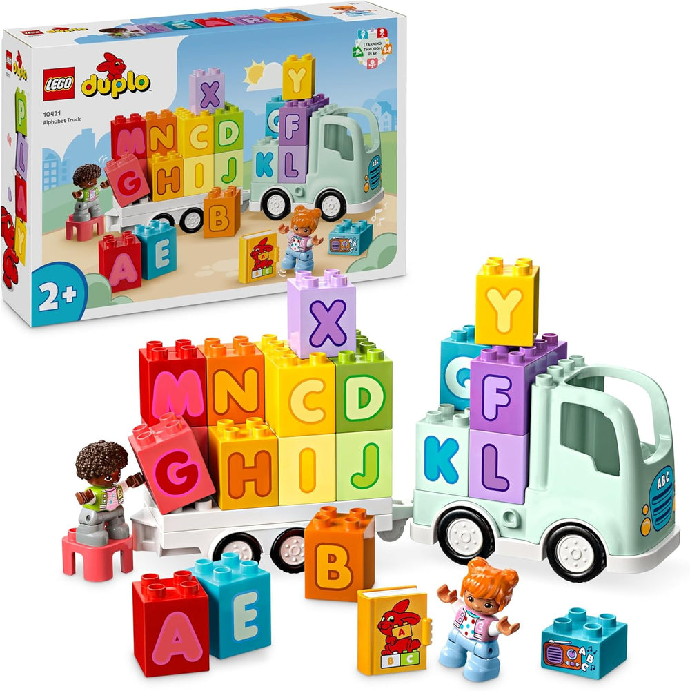LEGO DUPLO Town ABC Truck, jeu de simulation pour petits enfants à partir de 2 ans, jeu ABC-LKW avec crochets et supports en bois, plus figurines d'un jeune et d'une fille, jeu pour enfants 10421