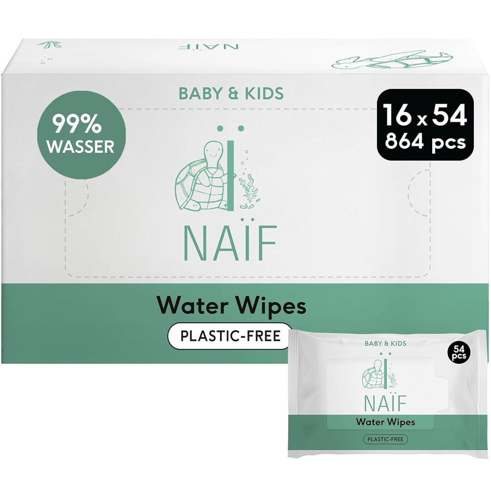 Naïf - Lingettes humides sans plastique - 864 pièces (16 paquets de 54 lingettes) - Soin des fesses, du corps et du visage de bébé - 99% d'eau - 0% de parfum et d'alcool