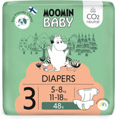 Couches Moomin Baby Eco, taille 3, 5-8 kg, 48 pièces, couches souples de qualité supérieure | Doux et agréable pour la peau, respirant, absorbant, sans produits chimiques inutiles |