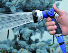 590078 – Jeu de tuyaux spiralés, bleu, 15 mètres (diamètre 9 mm) + pistolet multifonction avec 8 buses + filetage intérieur automatique avec adaptateur ¾-½ + 2 connecteurs rapides + support de suspension