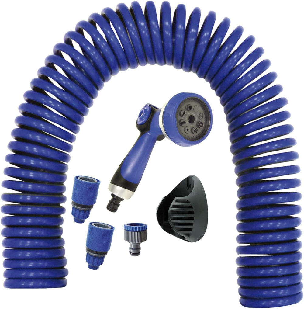 590078 – Jeu de tuyaux spiralés, bleu, 15 mètres (diamètre 9 mm) + pistolet multifonction avec 8 buses + filetage intérieur automatique avec adaptateur ¾-½ + 2 connecteurs rapides + support de suspension