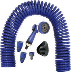 590078 – Set furtun spiralat, albastru, 15 metri (diametru 9 mm) + pistol multifuncțional cu 8 duze + filet interior automat cu adaptor ¾-½ + 2 conectori rapizi + suport de agățare