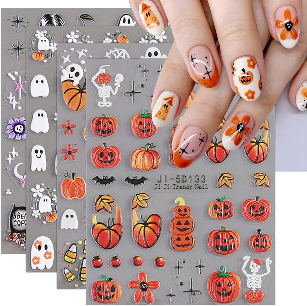 JMEOWIO 3D Nagelsticker Halloween Nail Art Sticker Selbstklebend Nagelaufkleber 5D Stereoskopisch Süßer Geisterkürbis Dekoration Nageldesign Zubehör 4 Blatt