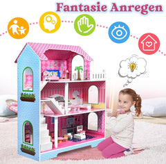 HENGMEI Puppenhaus Kinder Holz Puppenvilla Dollhouse Set Mädchen Spielset 3 Etagen Haus mit Möbeln und Zubehör, 70x30x100cm Puppenhäuser für Kinder (Typ B)