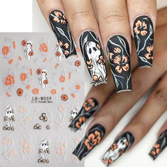JMEOWIO Nagelsticker Halloween 9 Blatt Nail Art Sticker Selbstklebend Nagelaufkleber Süße Geisterblume Dekoration Nageldesign Zubehör