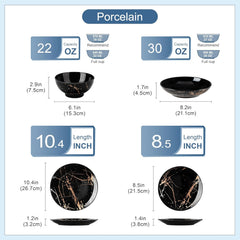 Set de veselă din porțelan LOVECASA, seria Daphne, set combinat SWEET cu 24 de piese, set de veselă cu design auriu, farfurii de cină, farfurii de desert, boluri pentru cereale și farfurii de sumă pentru 6 persoane