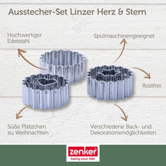 Zenker Ausstecher-Set Linzer Herz und Stern aus Edelstahl – Perfekt für Weihnachtskekse, 3-teilig, inkl. Geschenkverpackung, spülmaschinengeeignet und rustfrei – The Christmas Candy Shop