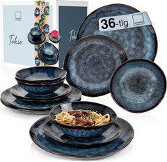 Sanger | Service de table Tokyo 36 pièces Service de table en porcelaine pour 12 personnes Vaisselle moderne faite à la main bleu foncé avec accents noirs | LA COLLECTION PREMIUM