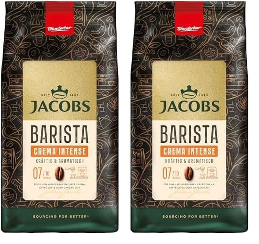 Jacobs Barista Crema Intense Café en grains 1 kg – Intense, Chocolat noir et noix de pécan, Arabica et Robusta, Intensité 7/10, idéal pour Café Crema (Pack de 2)