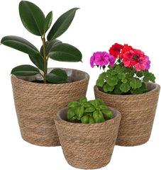 Relaxdays Pots de Fleurs, Lot de 3, Roseau, Pots de Plantes avec Film, 3 Tailles, Style Boho, Pots Ronds, Naturel