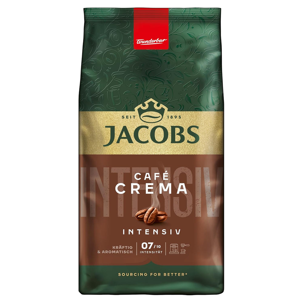 Jacobs Kaffeebohnen Café Crema Intense, intensif avec Kakao- & Nussnote, geröstet à Brême, Intensität 7/10, Kaffee ganze Bohnen, 1 kg