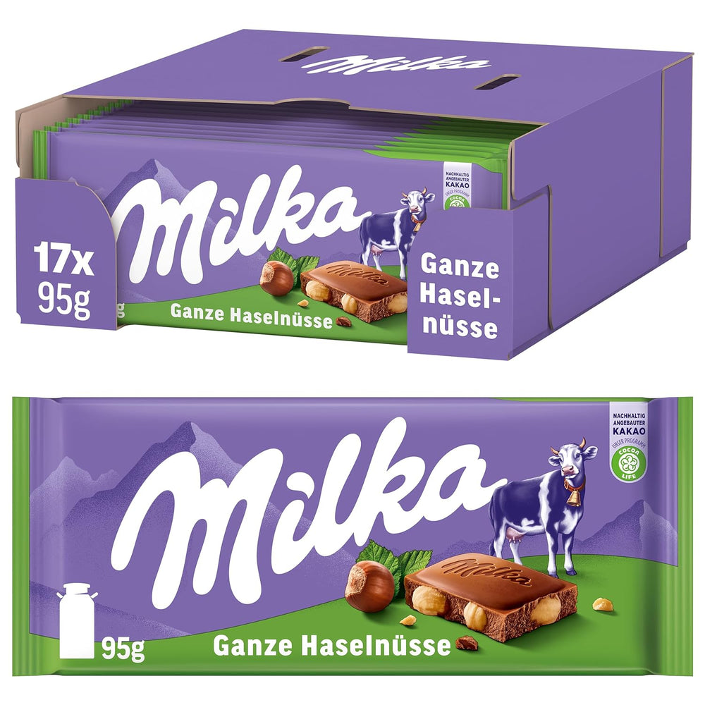 Milka Chocolat au lait alpin aux noisettes entières - Chocolat aux noix croquantes - 17 x 95g