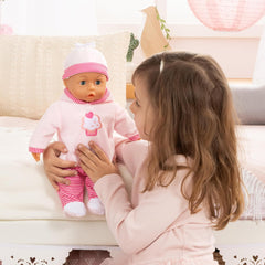 Babypuppe First Words mit Schlafaugen, spricht 24 Babylaute, mit Schnuller et Flasche, 38 cm, Rosa/Streifen