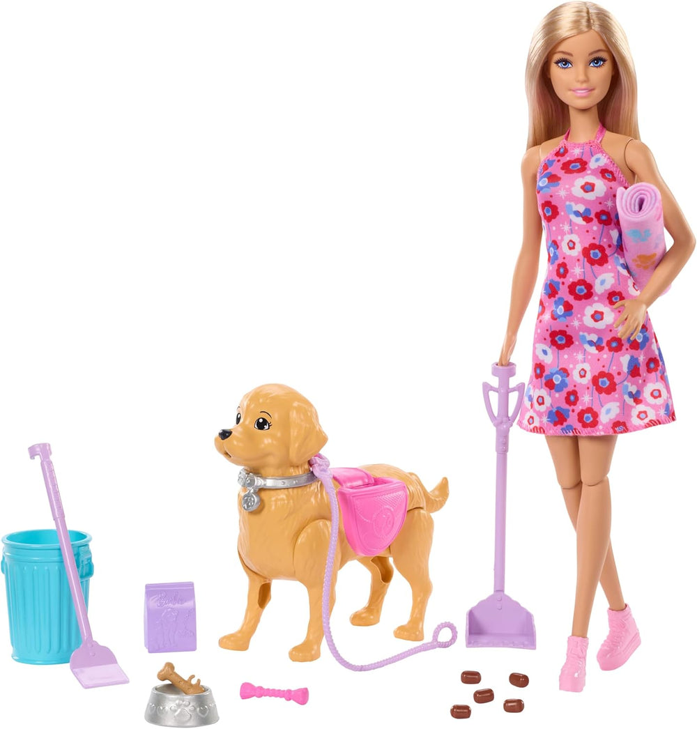 Barbie Hundespaziergang Spielset, enhtät einen Spielzeughund der gehen und Häufchen Machen kann, a Barbie Malibu-Puppe sowie EIN Kehrset and Hundezubehör, JJB46