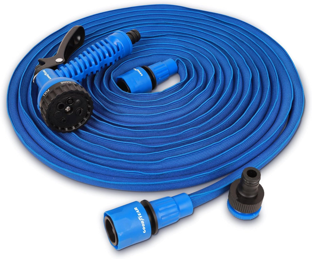 Goodyear - Tuyau d'arrosage 3 couches flexible, sans torsion et léger en latex et textile haute densité de 30 m, raccords rapides ½" et ¾" + pistolet 7 fonctions