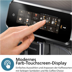 Machine à expresso automatique PHILIPS série 3300 - 6 boissons, écran tactile couleur moderne, système de préparation de lait LatteGo, SilentBrew, moulin 100% céramique, filtre AquaClean. Chromé noir (EP3347/90)