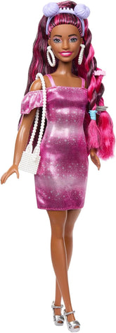 Păpușă Barbie, păr distractiv și elegant, cu păr negru extra lung și colorat și rochie roz strălucitoare, 10 accesorii de coafat și modă, JDC86