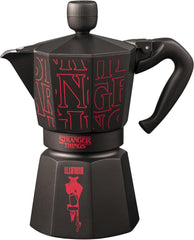 Bialetti Moka Express Stranger Things Cafetière 6 tasses, bouton musique avec fonction de chargement USB-C, ne convient pas aux plaques à induction, 6 tasses (270 ml), noir