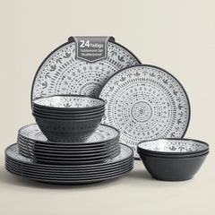 Set de tacâmuri pentru camping din melamină, format din 24 de piese, pentru 8 persoane - set de farfurii și set de tacâmuri din melamină, perfect pentru rulote, petreceri în grădină și petreceri pe terasă