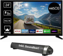 Smart TV Reflexion LED24iBT 24 pouces avec barre de son, Full HD, WLAN, Bluetooth, HDMI, USB, CI+, adaptateur de voiture 12 V - idéal pour camping-cars, caravanes, caravanes et bateaux - incl. télécommande