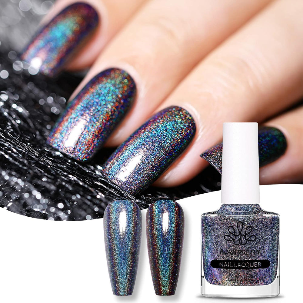 Vernis à ongles à paillettes Born Pretty, vernis à ongles noir brillant à paillettes arc-en-ciel Super Shine