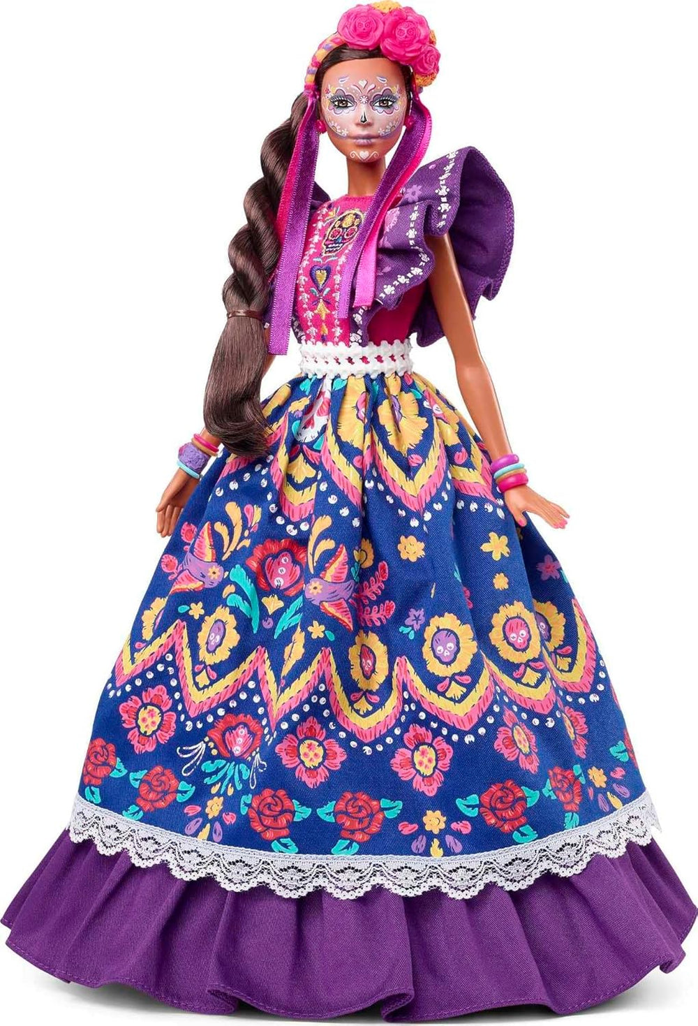 Păpușă Barbie 2022 Día De Muertos cu rochie tradițională cu volane, coroană de flori și vopsea facială Calavera, cadou pentru colecționari