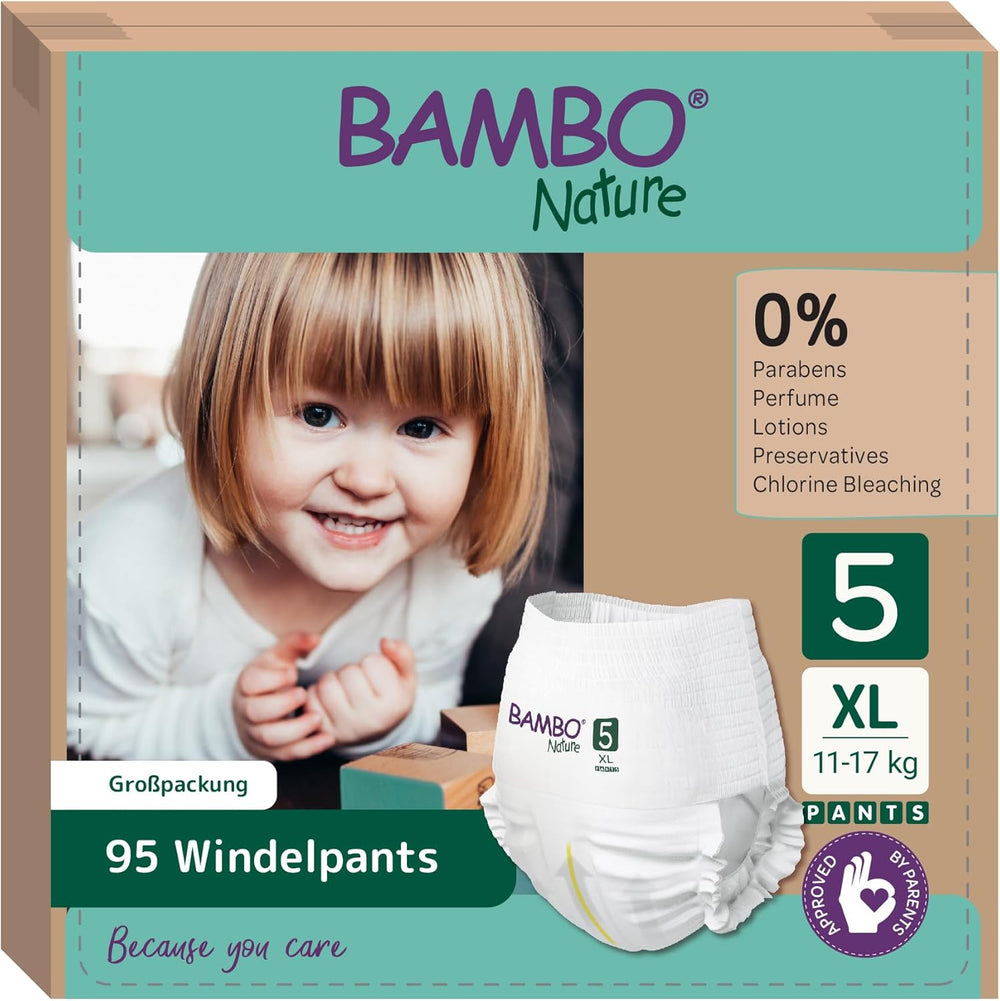 Couches Bambo Nature, taille 5 (11-17kg) - Boîte mensuelle de 95 | Couches avec protection améliorée contre les fuites | Confort et liberté ultimes pour les enfants actifs | Couches testées dermatologiquement