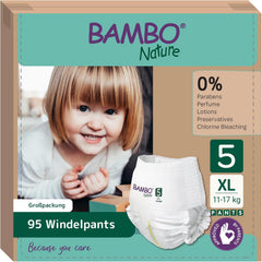 Couches Bambo Nature, taille 5 (11-17kg) - Boîte mensuelle de 95 | Couches avec protection améliorée contre les fuites | Confort et liberté ultimes pour les enfants actifs | Couches testées dermatologiquement