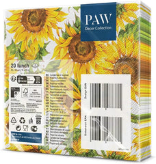 PAW - Serviettes 3 épaisseurs (33 X 33 cm) I 20 pièces I Parfaites pour les anniversaires, fêtes, rendez-vous I Décorations de table d'automne I Serviettes en papier colorées - Pétales jaunes de tournesol I Tournesol dansant