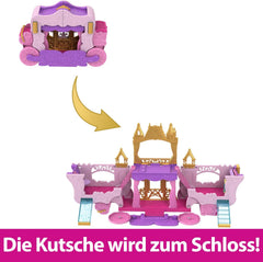 Mattel Disney Prinzessin Verwandlungs-Spielset Kutsche zu Schloss mit kleiner Puppe Aurora, 3 Ebenen, 6 Spielbereichen, 4 Figuren, Möbeln & Zubehör HWX17