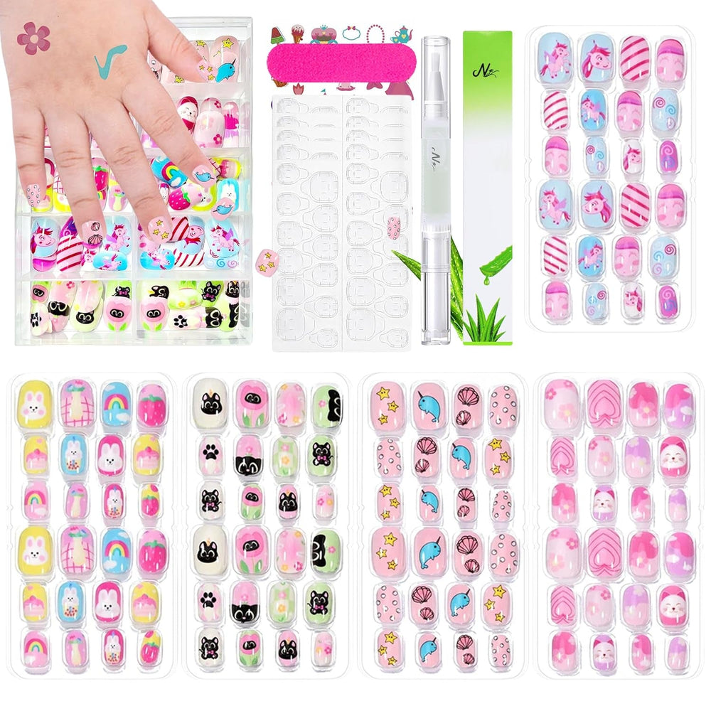 Ensemble de faux ongles – 120 pièces d'ongles autocollants pour enfants avec colle à ongles, ensemble d'ongles artificiels autocollants à couverture complète, faux ongles pour filles avec petites mains (couleur A, 120X)