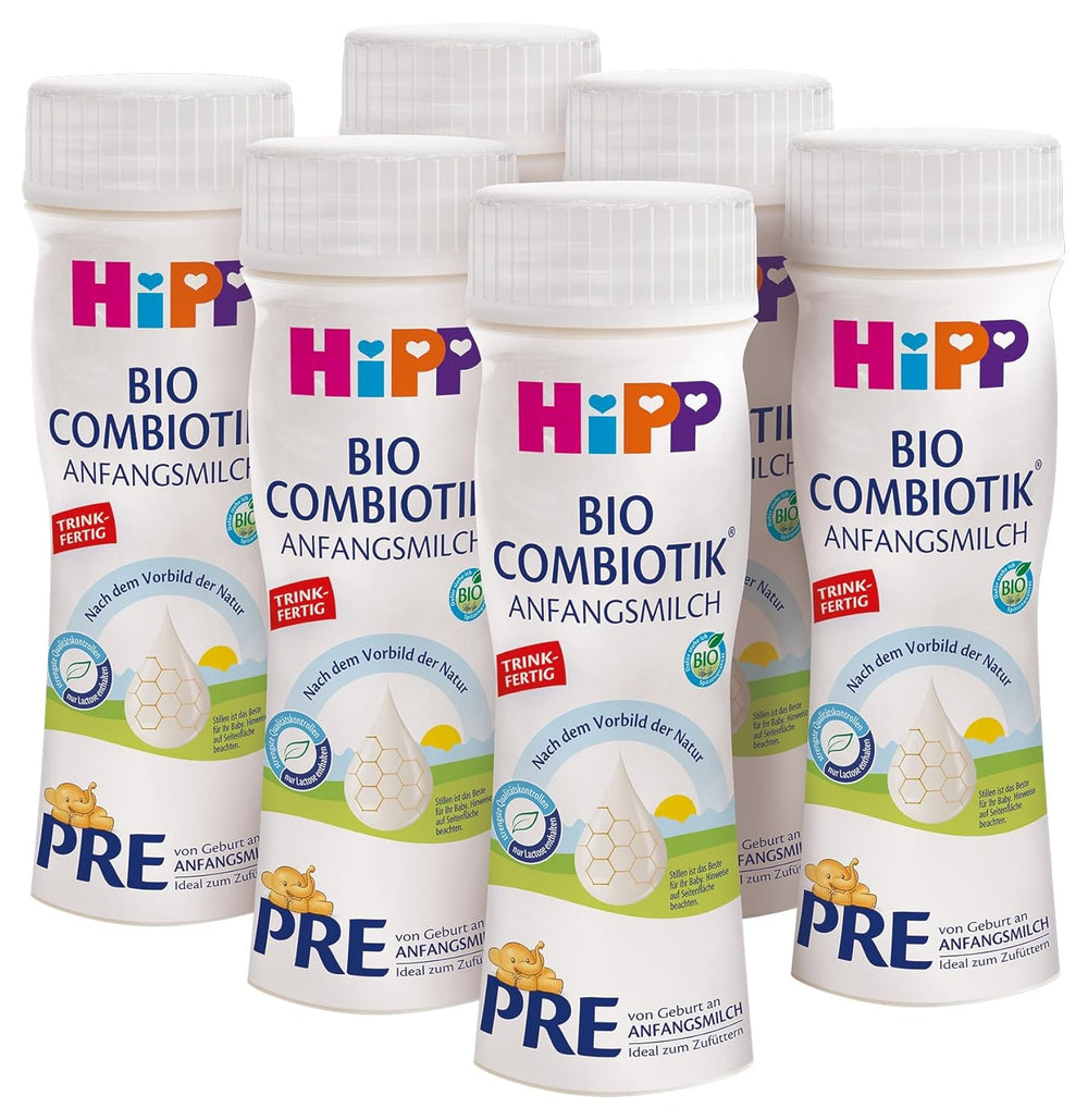 HiPP PRE Formule Combiotique Bio Prête à Boire (6 x 200 ml) Lait Infantile dès la Naissance Contient Uniquement du Lactose comme Glucides Meilleur Bio