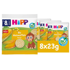 HiPP Gaufres de Maïs Bio à la Mangue (8 x 23g), snack pour bébé à partir de 8 mois, sucré uniquement avec des fruits et légumes, sans gluten, meilleure qualité biologique
