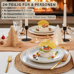 SANGER | Service de table Corfou 24 pièces, service de table pour 8 personnes, service de table en céramique fait à la main, comprenant assiettes à dîner, assiettes à dessert et assiettes Suma, vaisselle crème avec texture sable