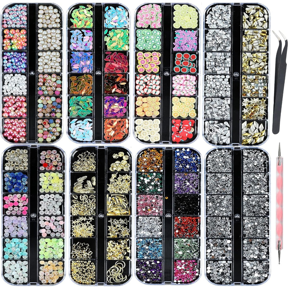 8 boîtes Nail Art Strass Kit - Nail Art Gemischt Strass Set, Nagel Kunst Strasssteine Gems Perlen Edelsteine Bunt Pferdeaugen Strass pour Nageldesign Zubehör Mit 1 Pinzetten et 1 Strass Picker pour DIY