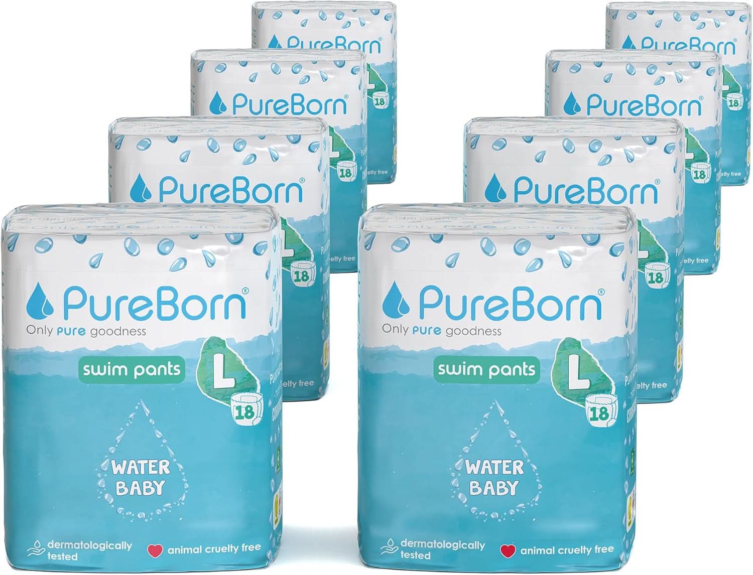 Scutece de inot Pureborn, pantaloni de baie pentru bebelusi pentru plaja si piscina, ultra moi, elastice Mama si Copilul Naty Shop 8 X18 buc Marimea L (9-14 kg)