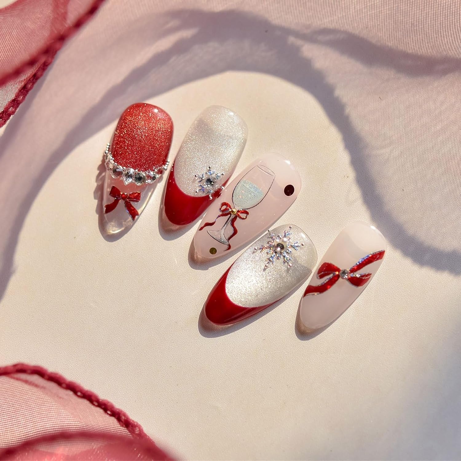 JMEOWIO 3D Nagelsticker Roter Kelch Mit Schleife Nail Art Sticker Selbstklebend Nagelaufkleber 5D Stereoskopisch Dekoration Nageldesign Zubehör 1 Blatt