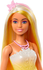 Poupée Barbie Royale avec cheveux fantaisie avec mèches colorées, accessoires colorés, haut jaune dégradé et jupe papillon, HRR09 Naty Shop Dolls