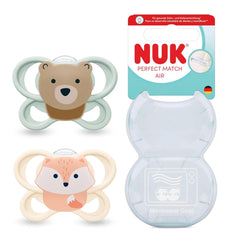 Sucettes NUK Perfect Match Air pour bébés | 0-6 mois | Sucettes orthodontiques qui favorisent la circulation de l'air et empêchent la bave | 95 % d'acceptation par les bébés** | Renard/ours en peluche | Paquet de 2