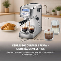 CASO EspressoGourmet Crema - Machine à expresso porte-filtre avec mousseur à lait, expresso, cappuccino, porte-filtre en acier inoxydable, pompe ULKA 20 bars, machine à café, café moulu, capsules ESE
