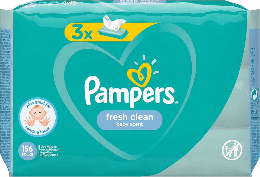 Pampers Fresh Clean Baby Wipes 81688041, 3x52 pièces, (lingettes pour bébé, sac en plastique, fille/garçon, turquoise, blanc, Allemagne, 896,7 g)
