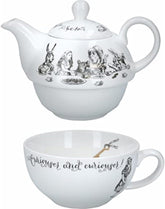 Set ceainic și ceașcă Alice în Țara Minunilor pentru 1 persoană în cutie cadou, serviciu de ceai din porțelan fin, alb, 250 ml