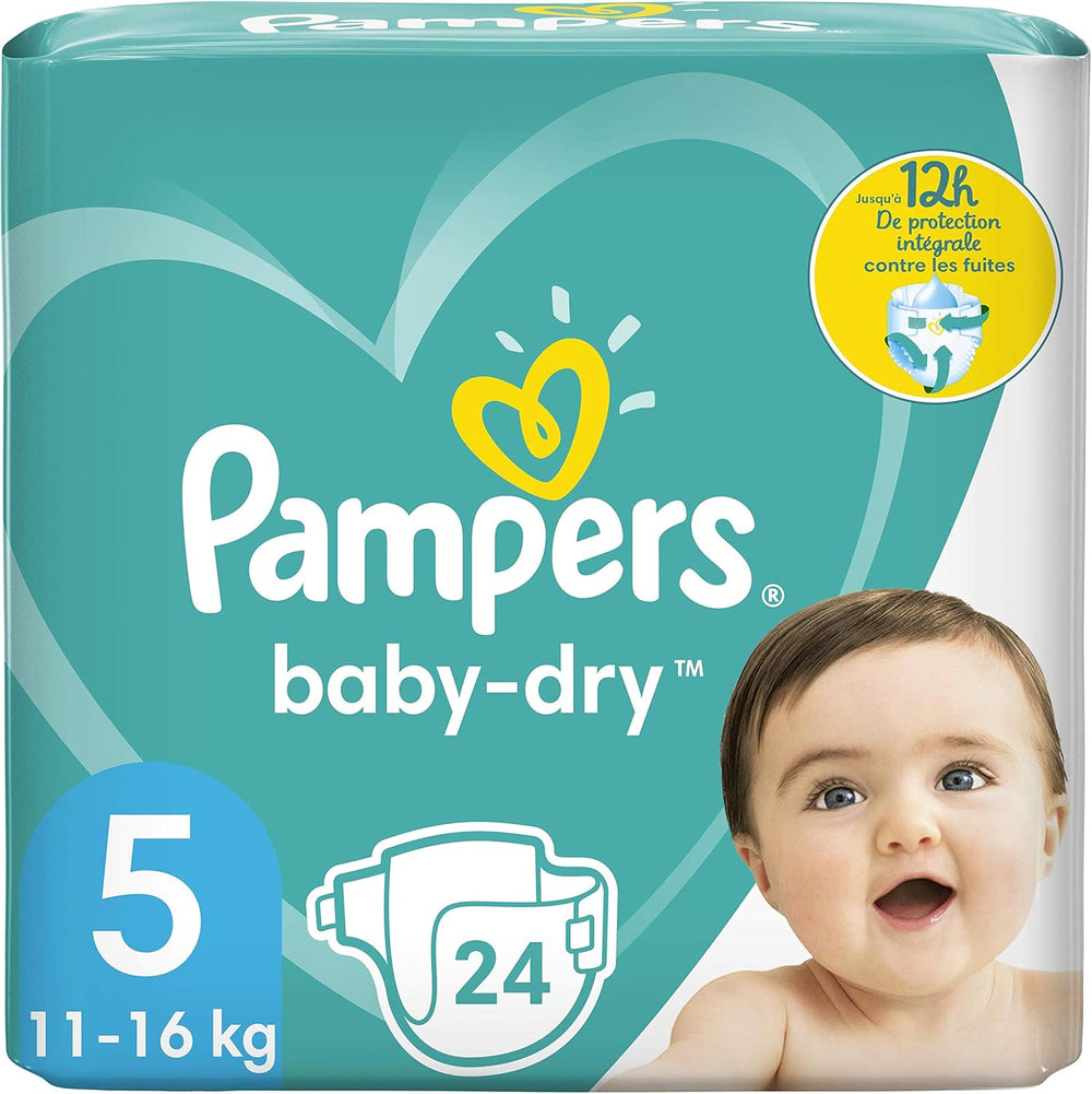 Couches Pampers pour bébés taille 5 (11-16 kg), 24 pièces, jusqu'à 12 heures de protection contre les fuites