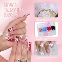 Decorațiuni 3D pentru unghii, 1 cutie de brelocuri pentru unghii, brelocuri pentru unghii cu fundă în formă de inimă și flori în stil mixt, decorațiuni pentru unghii din rășină, pentru decorațiuni Nail Art, accesorii DIY pentru artizanat