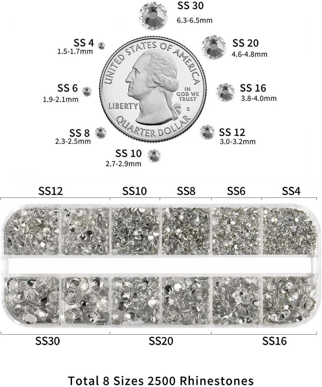 Beadsland 2500Pcs Glas Nailart Strasssteine Kristall Flatback Edelsteine Runde, Für Handwerk Gemischt 8 Größen SS4 ~ SS30 Mit Picking Pinzette Und Stift (Kristall Weiss)