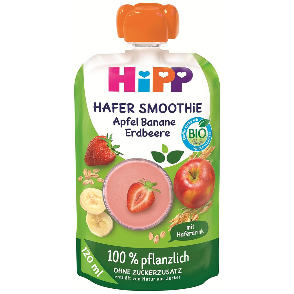 HiPP Bio Quetschie Hafer Smoothie Apfel Banana Erdbeere mit Haferdrink (6 x 120ml), à partir de 1 an, 100% pflanzlich, sans sucre ajouté, végétalien, dans la meilleure qualité biologique