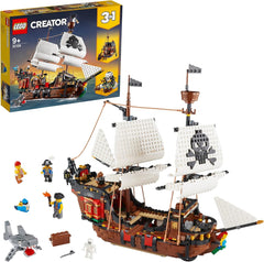 LEGO Creator Ensemble bateau pirate 3 en 1, jouet avec 3 options de construction, construisez une taverne de pirates ou une île de pirates en forme de crâne, comprend 3 figurines pour des aventures de jeu de rôle 31109 Ensembles de construction Besuche den LEGO-Store Emballage standard