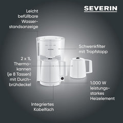 Machine à expresso Severin avec filtre et 2 carafes thermiques, machine à expresso avec couvercle, versement sans goutte, maintien longue température, arrêt automatique, 1000 W, env. 1 litre, blanc, KA 9309