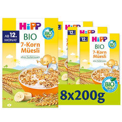 Muesli bio HiPP aux 7 grains (8 x 200g), à partir de 12 mois, sans sucre ajouté, morceaux extra fins - facile à mâcher, meilleure qualité bio